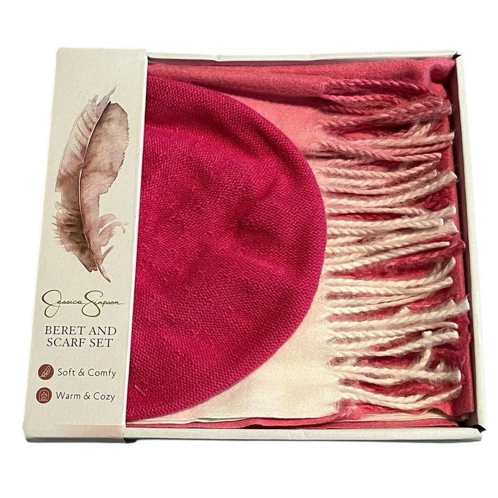 Jessica Simpson Beret Scarf Set Pink White One Size